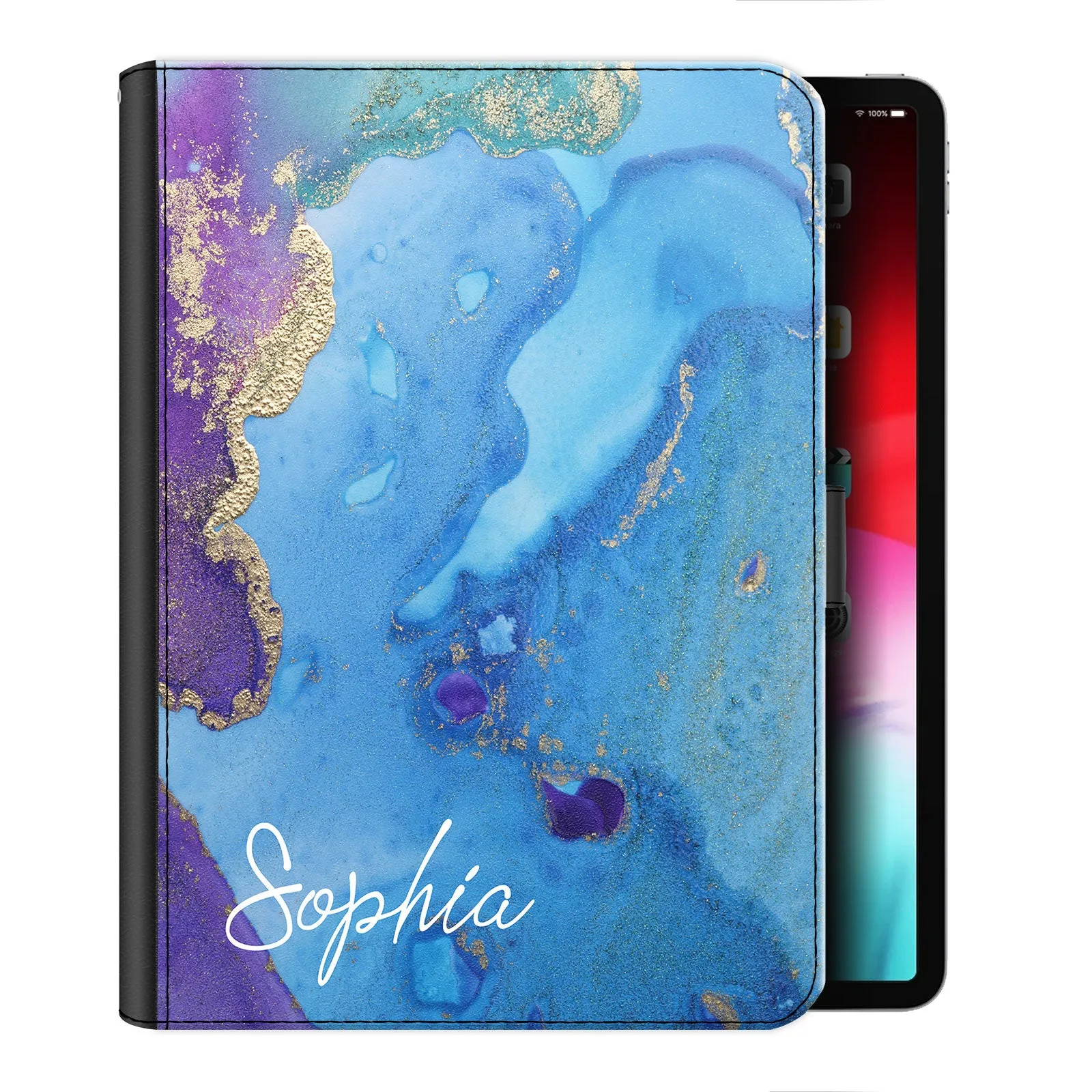 Personalised Leather iPad Case - Blue and Gold Infused Marble with Text