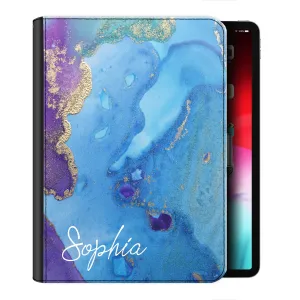 Personalised Leather iPad Case - Blue and Gold Infused Marble with Text