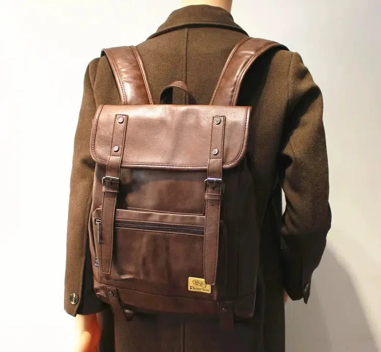 Vintage Leather Backpack with Buckle Straps