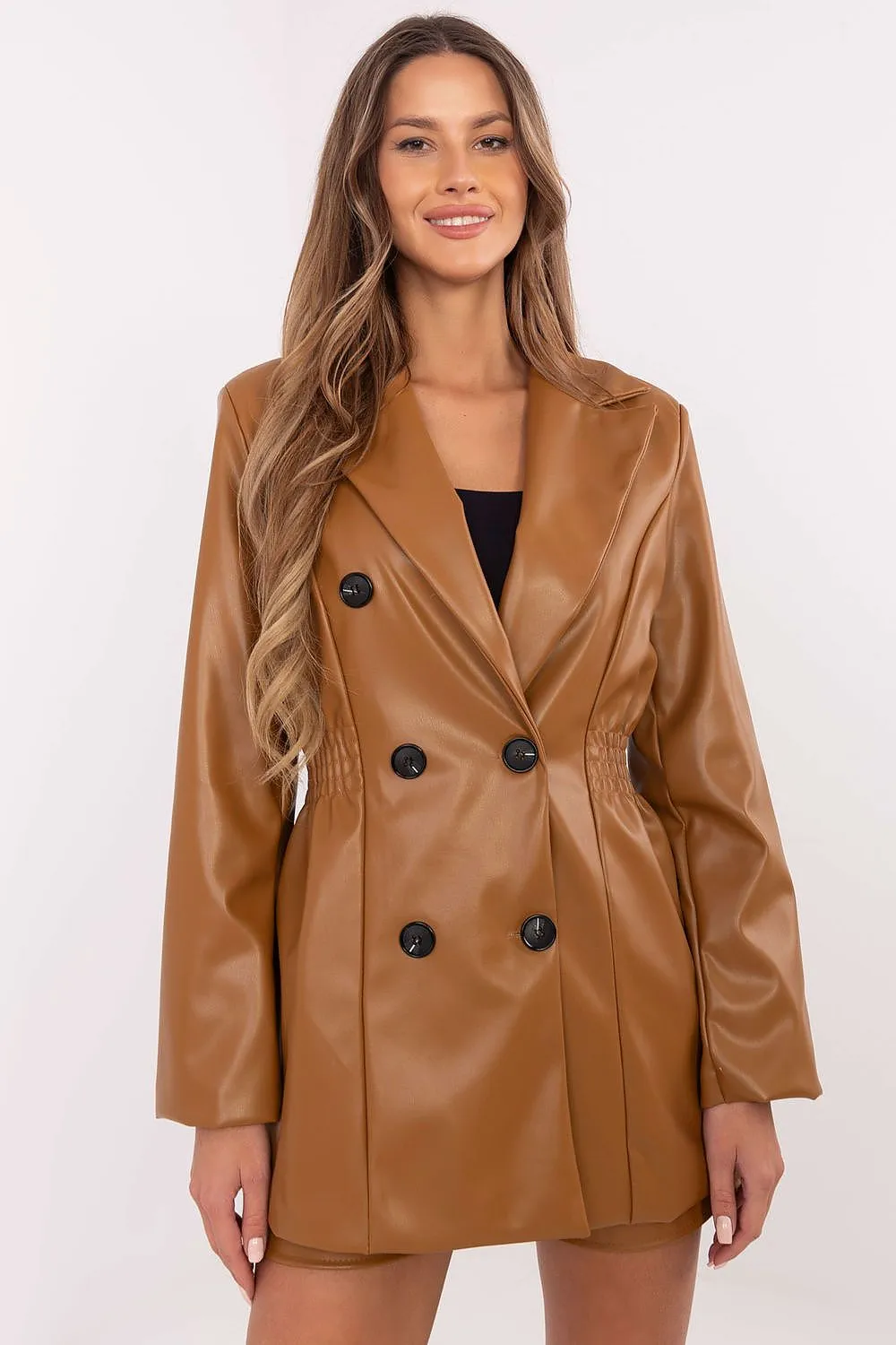 Women's Double-Breasted Blazer Leather Jacket with Wide Lapels & Feminine Fit