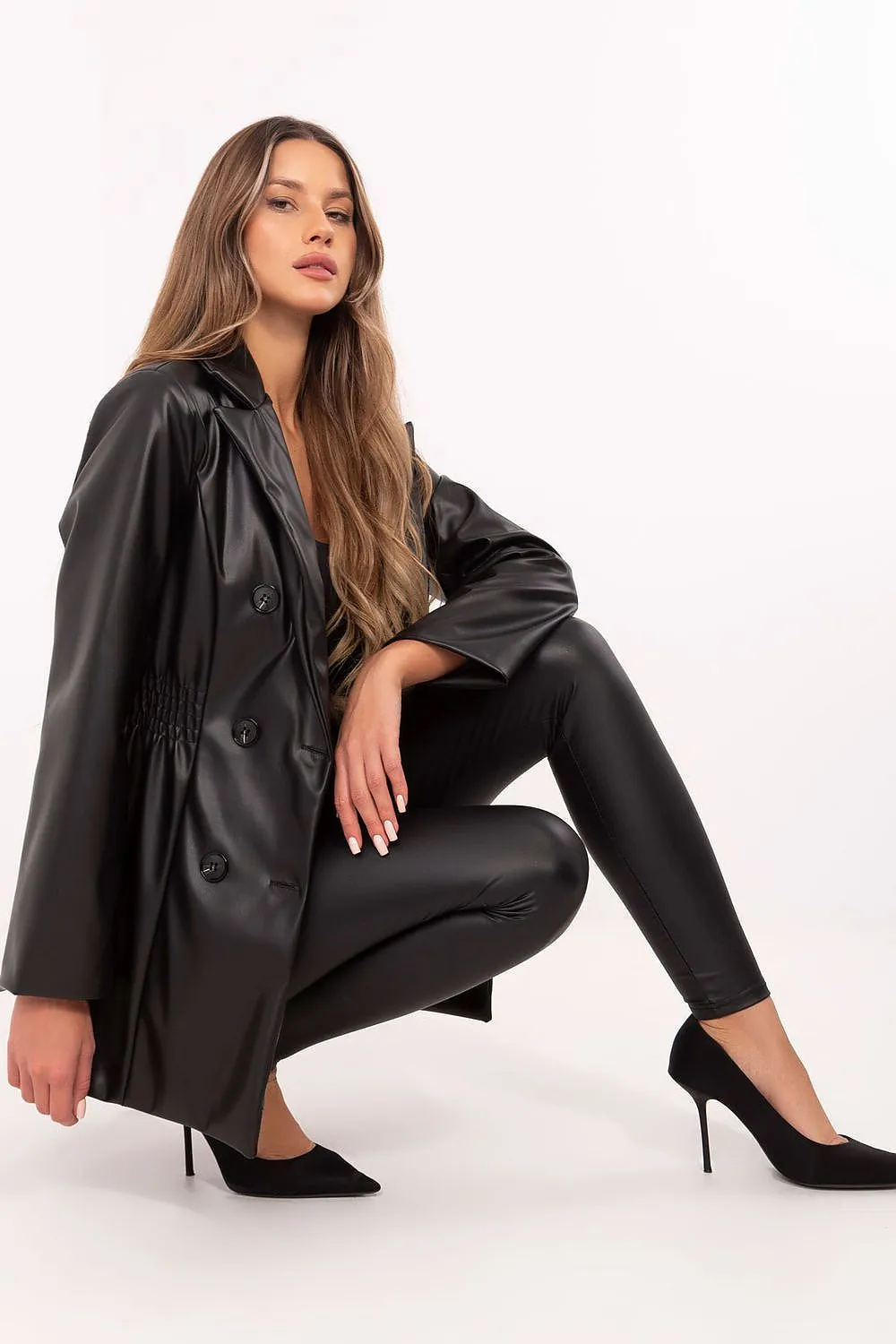 Women's Double-Breasted Blazer Leather Jacket with Wide Lapels & Feminine Fit