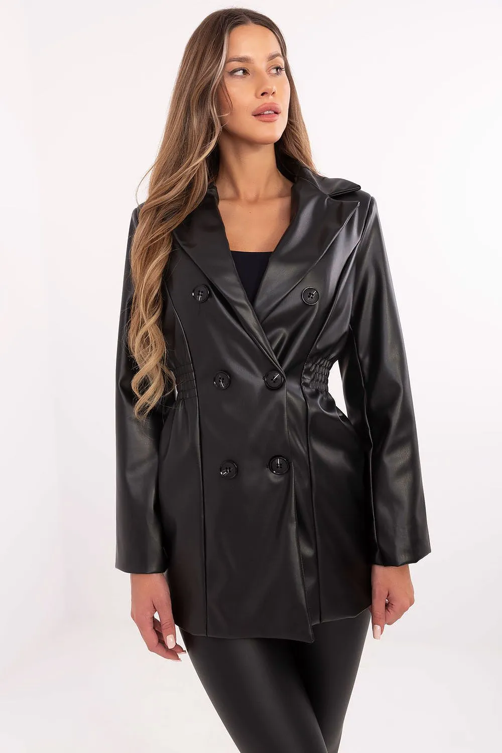 Women's Double-Breasted Blazer Leather Jacket with Wide Lapels & Feminine Fit