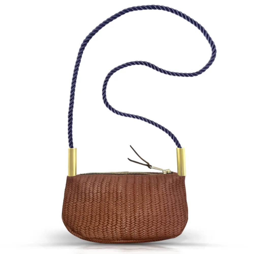 Zip Crossbody in Brown Basketweave Leather