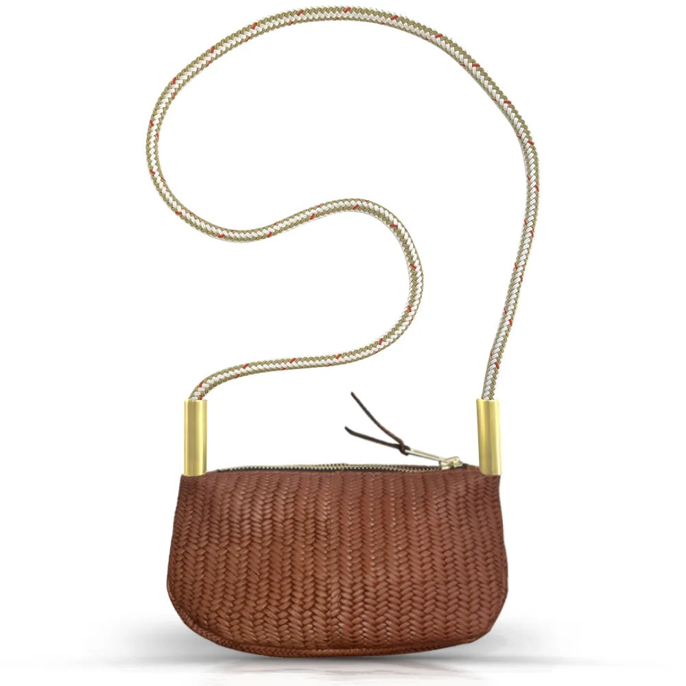 Zip Crossbody in Brown Basketweave Leather