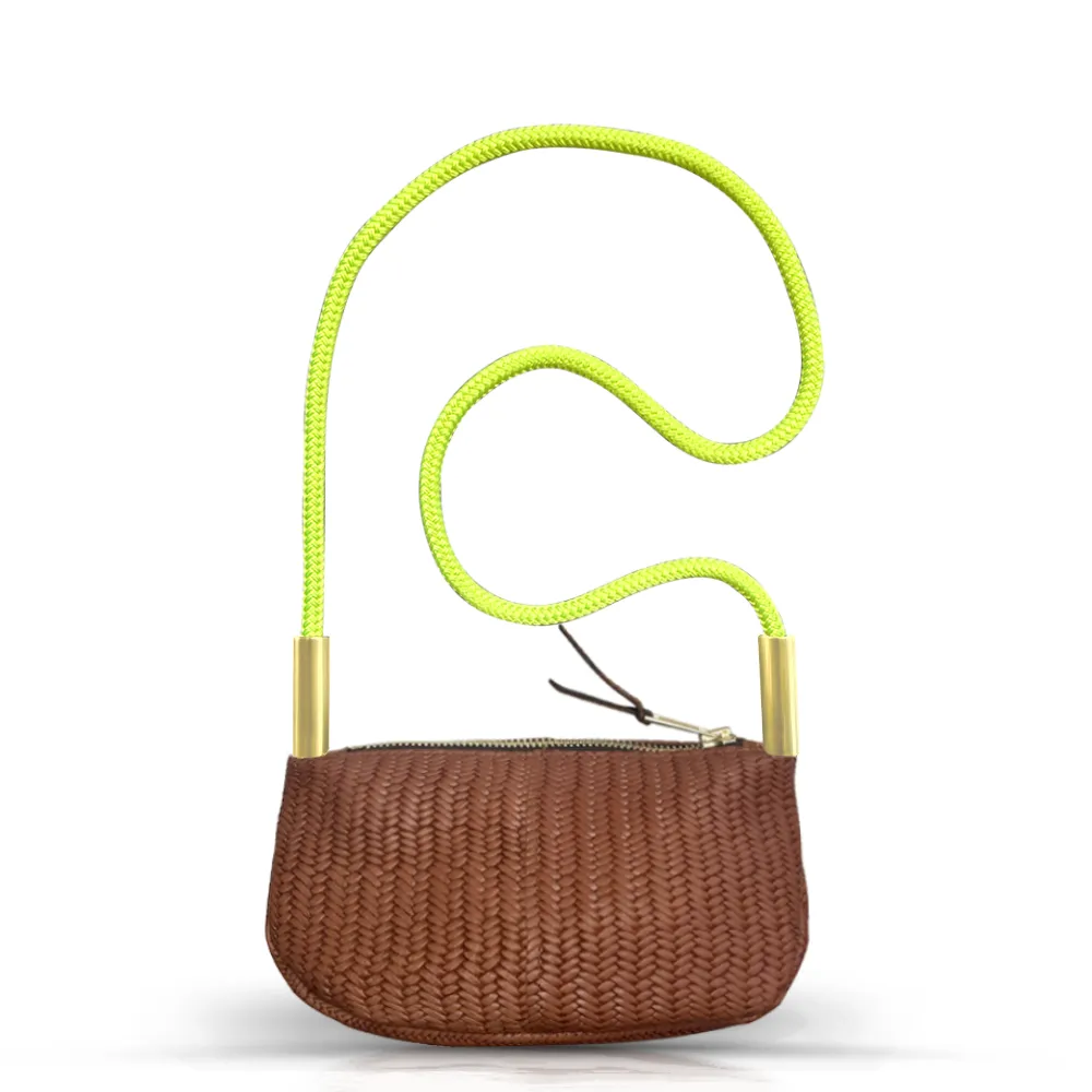 Zip Crossbody in Brown Basketweave Leather
