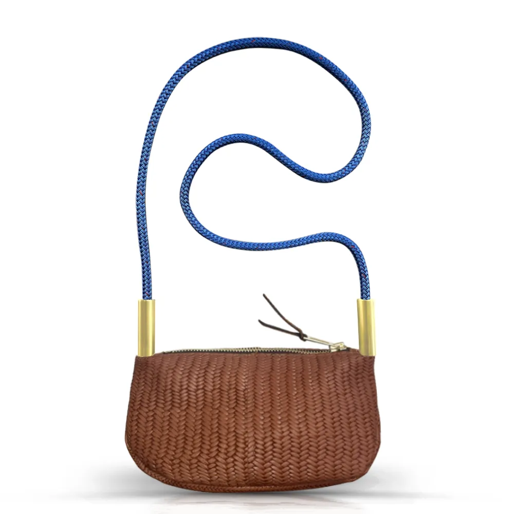 Zip Crossbody in Brown Basketweave Leather