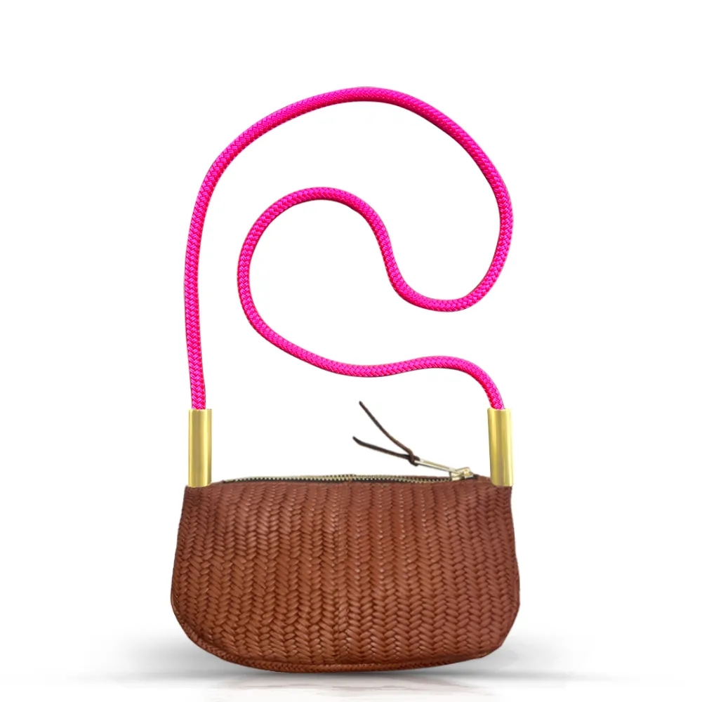 Zip Crossbody in Brown Basketweave Leather