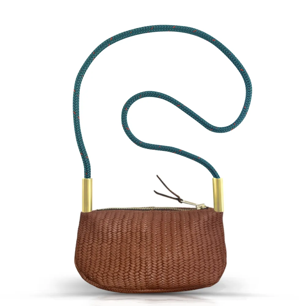 Zip Crossbody in Brown Basketweave Leather