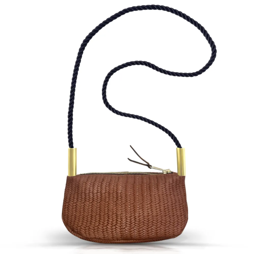 Zip Crossbody in Brown Basketweave Leather